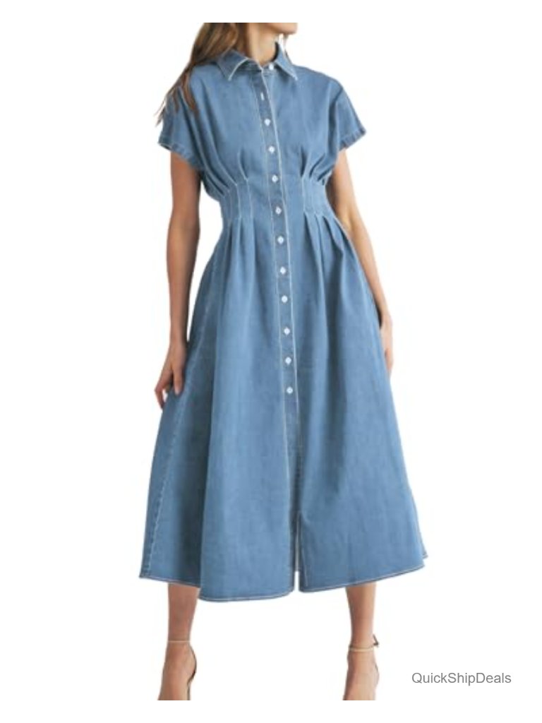 Casual Button Down Denim Midi Dress Short Sleeve V Neck Summer Dress